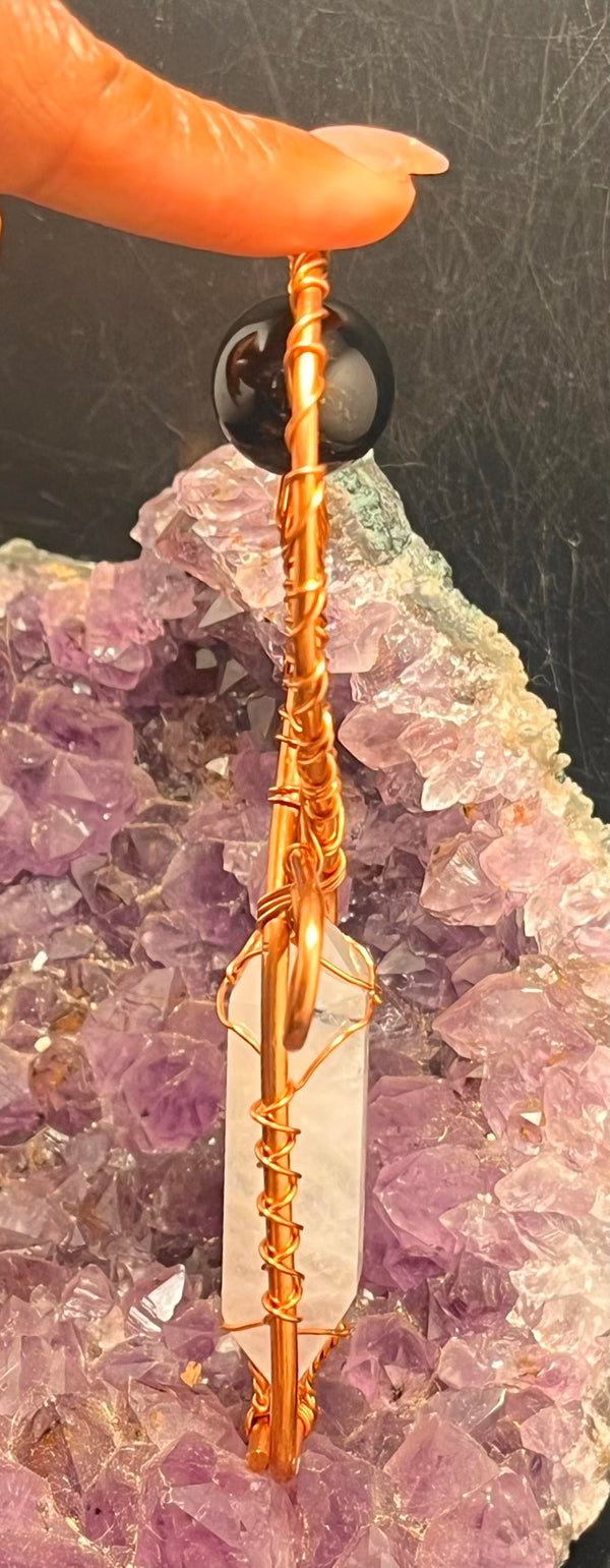 Quartz Crystal with Black tourmaline inclusion copper ankh