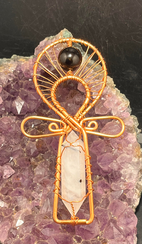 Quartz Crystal with Black tourmaline inclusion copper ankh