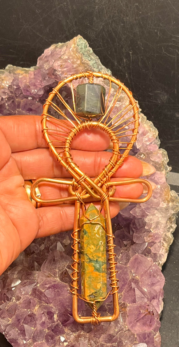 rhyolite crystal and jade copper ankh