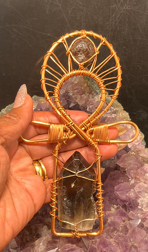 smoky quartz crystal and prophecy stone copper ankh