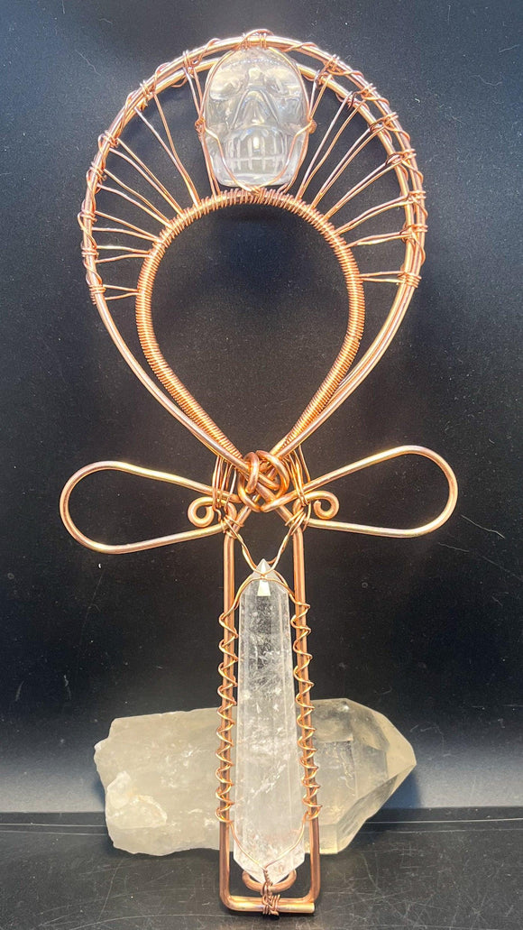 Clear Quartz Vogel Crystal and Crystal Skull Handheld Copper Ankh - Infinite Treasures, LLC