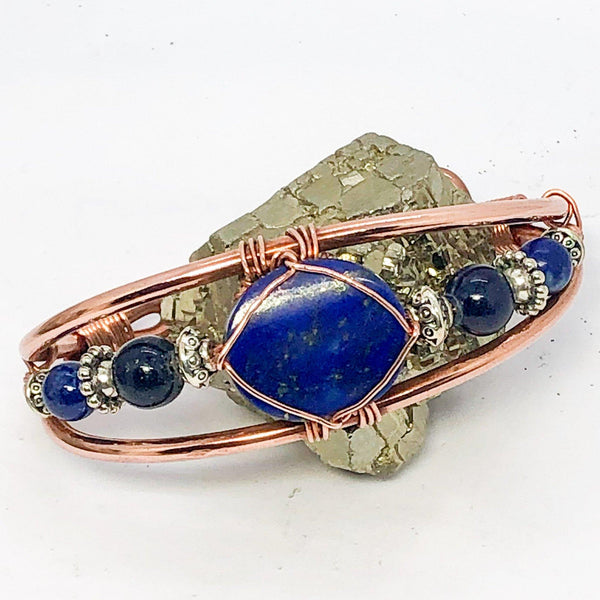 Lapis Lazuli with Lapis Side Stones Handmade Wirewrapped Copper Bracelet Crystal - Infinite Treasures, LLC