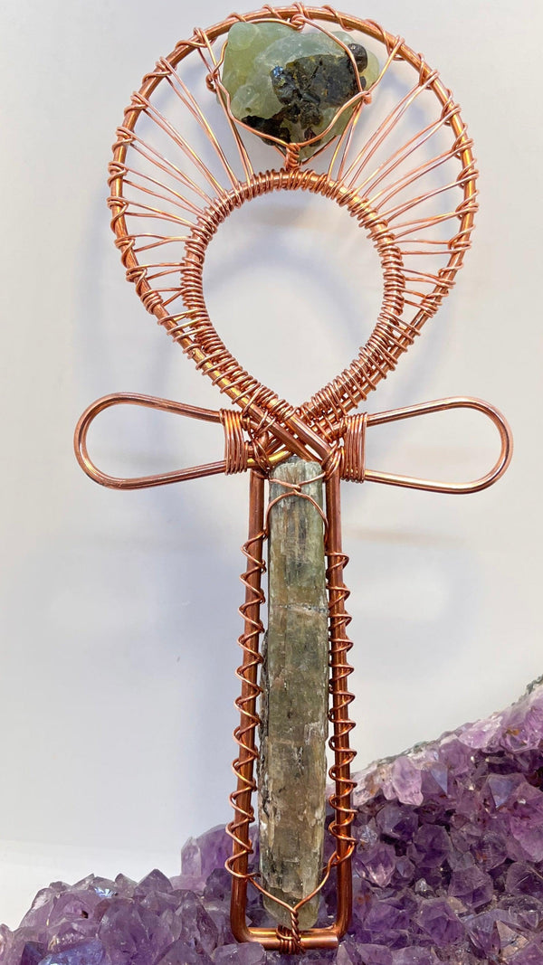 green kyanite with epidote in prehnite copper handheld ankh