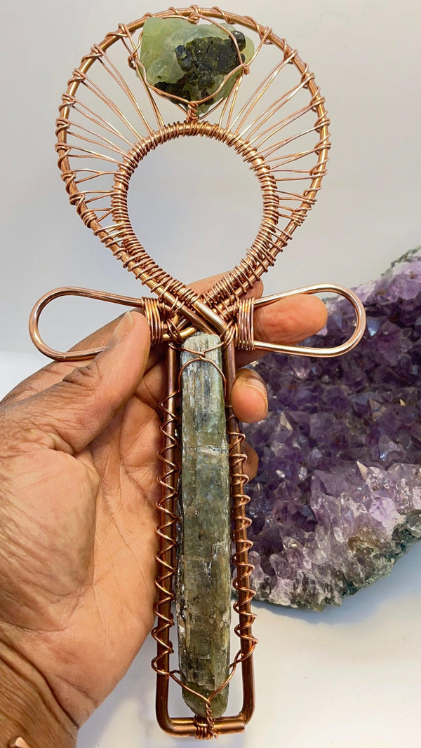 Green Kyanite with Epidote in Prehnite Copper Handheld Ankh - Infinite Treasures, LLC