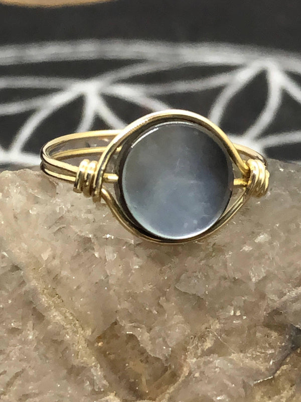 Black Mother of Pearl Brass Bead Ring - Infinite Treasures, LLC