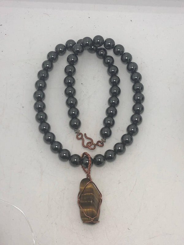 20inch Hematite Beaded necklace with Tigers Eye Wirewrapped Pendant - Infinite Treasures, LLC