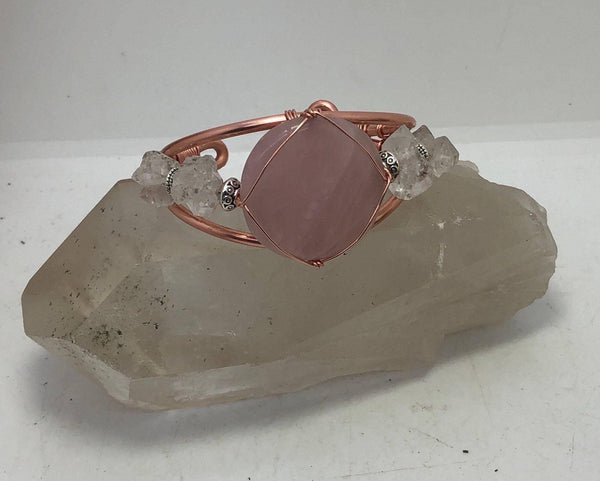 Rose Quartz and Herkimer Diamond from Morocco Handmade Copper Wirewrapped Bangle Bracelet - Infinite Treasures, LLC