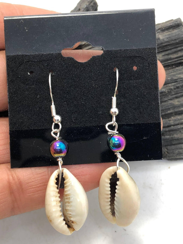 Gemstone and Cowrie Shell Sterling Silver Hooks Drop Dangle Earrings - Infinite Treasures, LLC