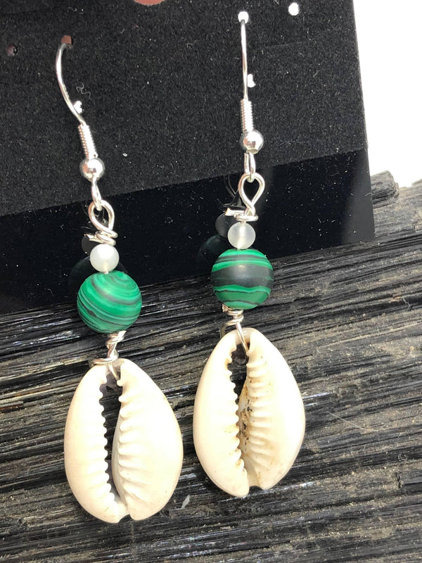 Gemstone and Cowrie Shell Sterling Silver Hooks Drop Dangle Earrings - Infinite Treasures, LLC