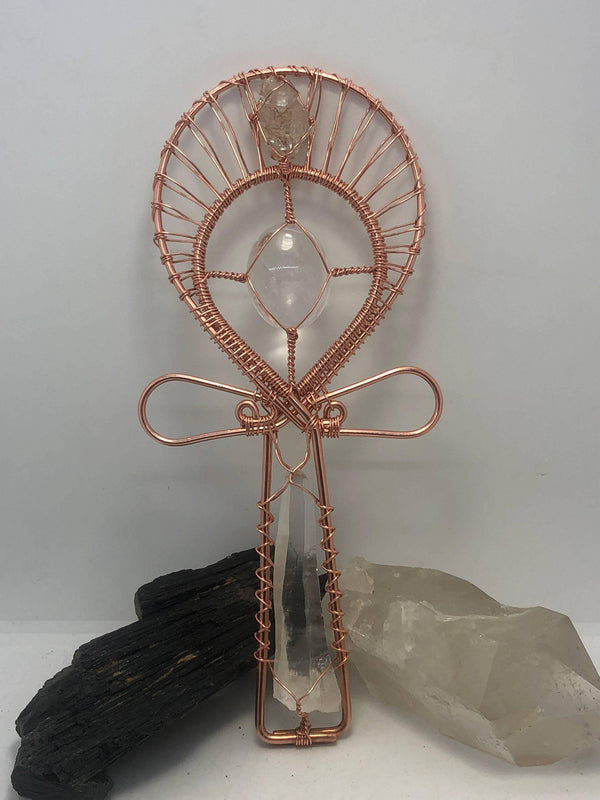 Lemurian Quartz Crystal with Moroccan Herkimer Diamond Handheld Ankh Coptic Cross Copper Hand Made - Infinite Treasures, LLC