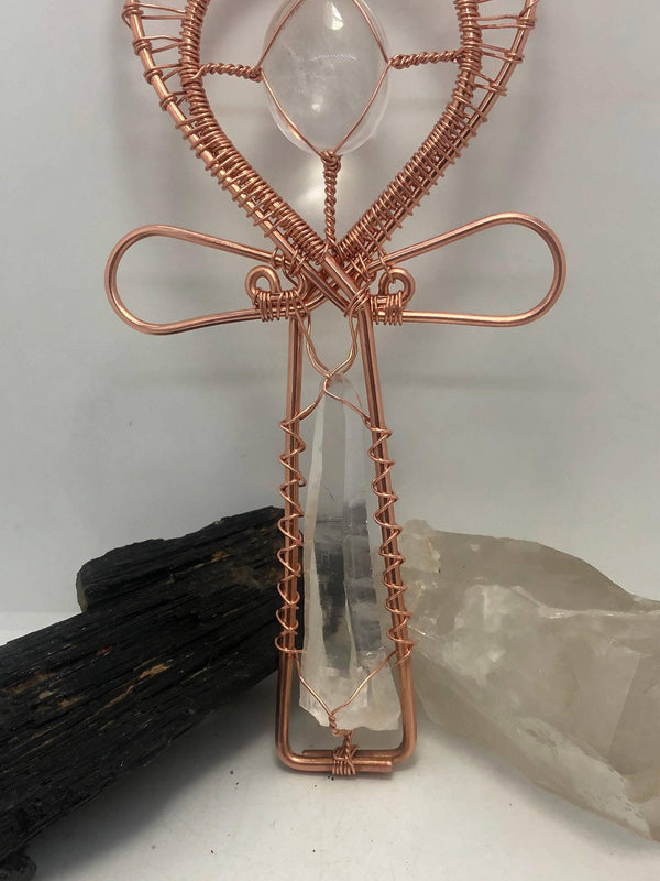 Lemurian Quartz Crystal with Moroccan Herkimer Diamond Handheld Ankh Coptic Cross Copper Hand Made - Infinite Treasures, LLC