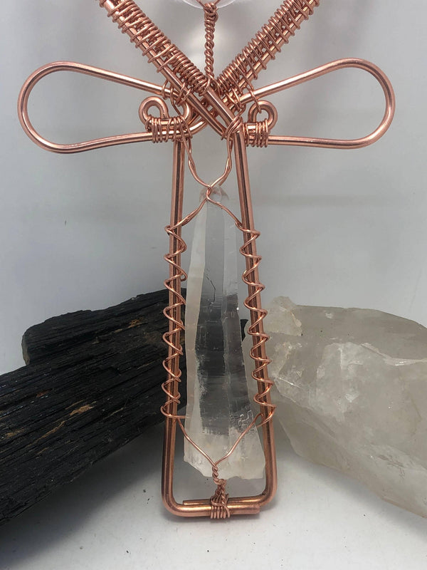 Lemurian Quartz Crystal with Moroccan Herkimer Diamond Handheld Ankh Coptic Cross Copper Hand Made - Infinite Treasures, LLC