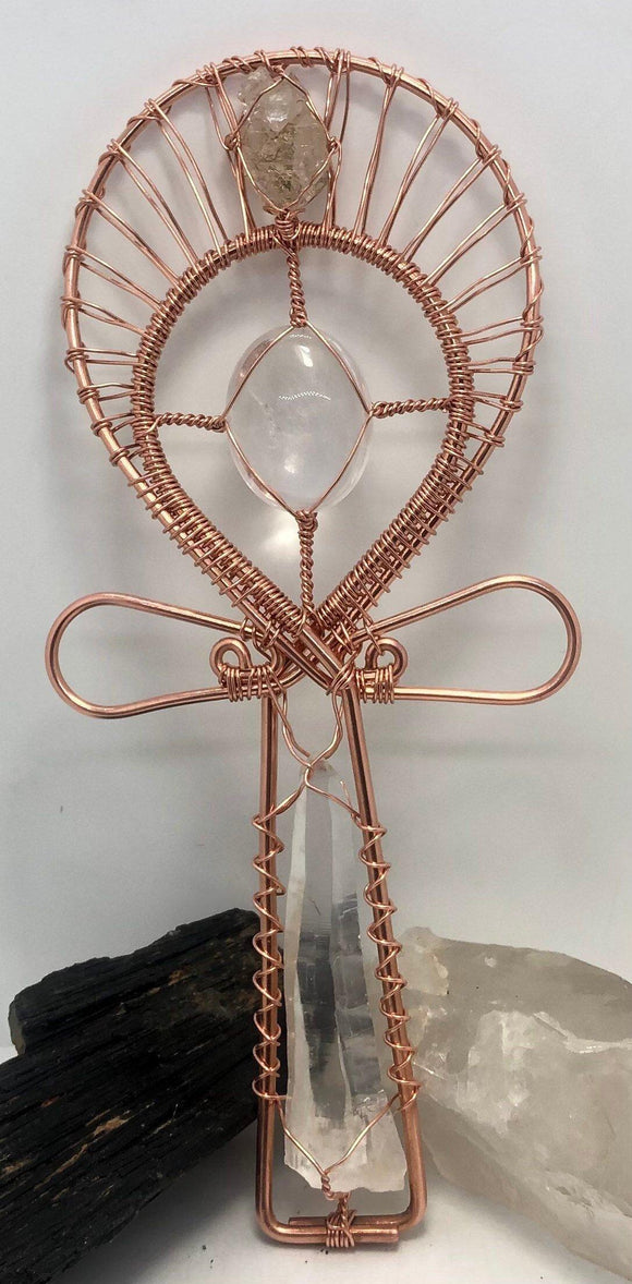 Lemurian Quartz Crystal with Moroccan Herkimer Diamond Handheld Ankh Coptic Cross Copper Hand Made - Infinite Treasures, LLC