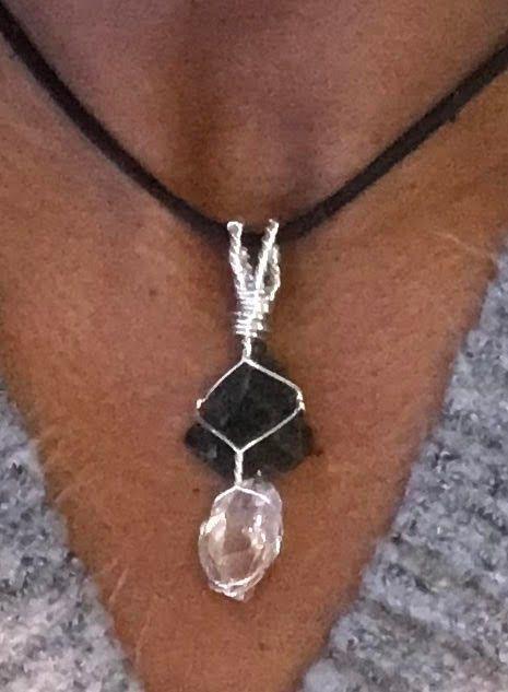 Moldavite and Herkimer Diamond Sterling Silver Wirewrapped Pendant - Infinite Treasures, LLC