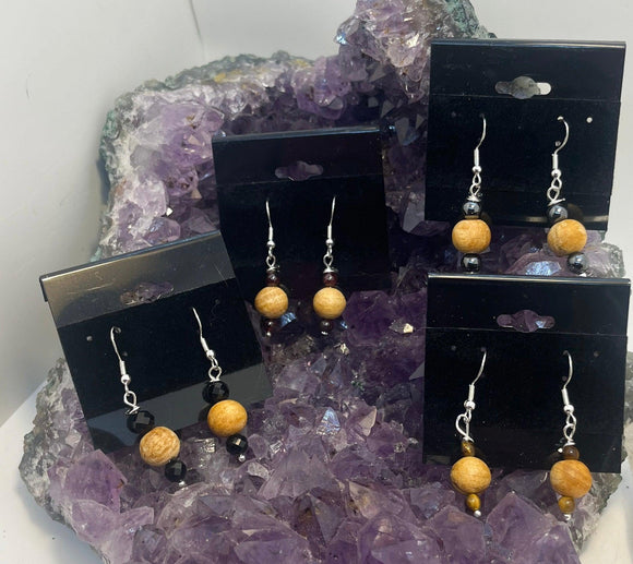 pala, santo, earrings, tigers, eye, garnet, black ,obsidian, protection, stones