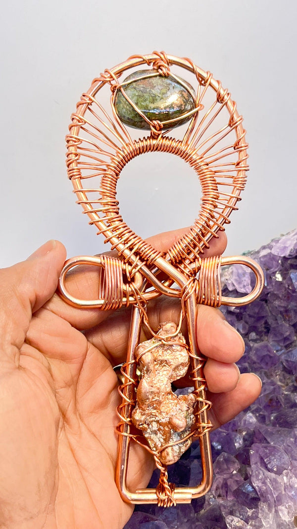 Copper Nugget with Peridot/Copper Tumble Stone POCKET Ankh - Infinite Treasures, LLC