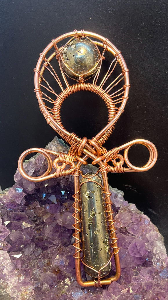 Pyrite Wand and Sphere Handheld Copper POCKET  Ankh - Infinite Treasures, LLC