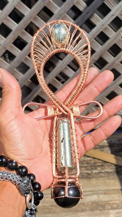 Pyrite  with Shungite Sphere Handheld Ankh - Infinite Treasures, LLC