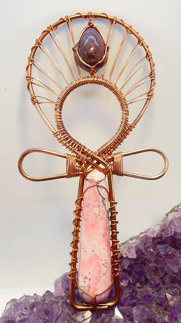 Rhodochrosite and Ruby Egg Handheld Ankh - Infinite Treasures, LLC