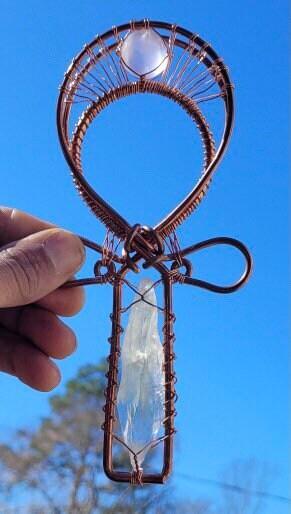 Rose Quartz and Green Quartz Copper crystal healing synergy reiki healing Ankh - Infinite Treasures, LLC