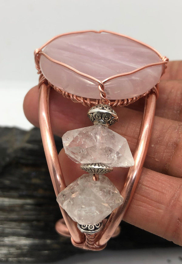 Rose Quartz and Herkimer Diamond from Morocco Handmade Copper Wirewrapped Bangle Bracelet - Infinite Treasures, LLC