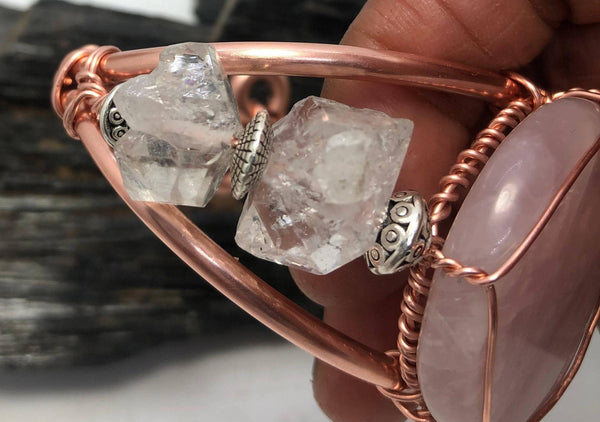 Rose Quartz and Herkimer Diamond from Morocco Handmade Copper Wirewrapped Bangle Bracelet - Infinite Treasures, LLC