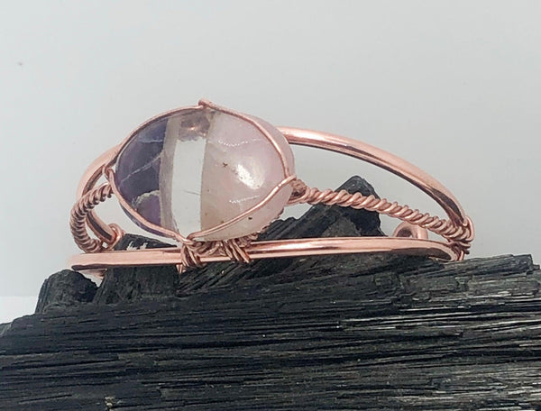 Rose Quartz, Clear Quartz and Amethyst  Copper Wirewrapped Bangle Bracelet - Infinite Treasures, LLC