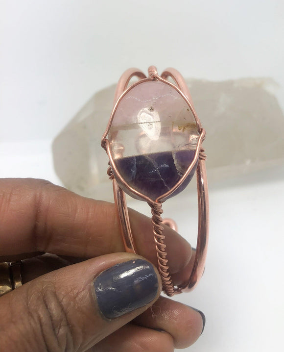 Rose Quartz, Clear Quartz and Amethyst  Copper Wirewrapped Bangle Bracelet - Infinite Treasures, LLC