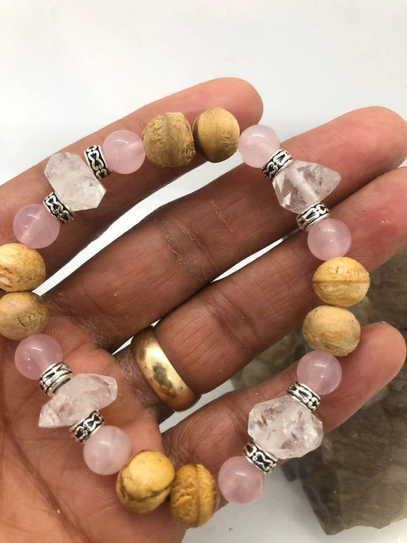 Rose Quartz & Herkimer Diamond Stretchy Bracelet - Infinite Treasures, LLC