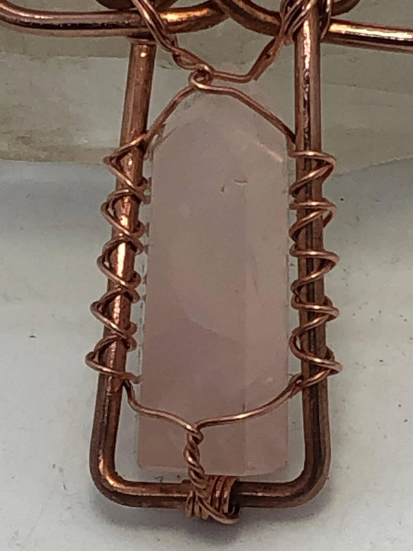 Rose Quartz Copper Egyptian Kemetic Coptic Cross Ankh Wirewrapped Wearable Pendant Necklace - Infinite Treasures, LLC