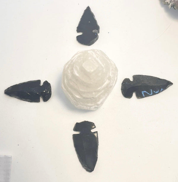 Selenite Tower 4 Inch and 4- Apache Tear Black Obsidian Arrowheads - Infinite Treasures, LLC