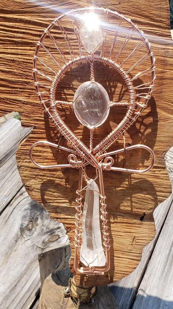 Lemurian Quartz Crystal with Moroccan Herkimer Diamond Handheld Copper Ankh - Infinite Treasures, LLC