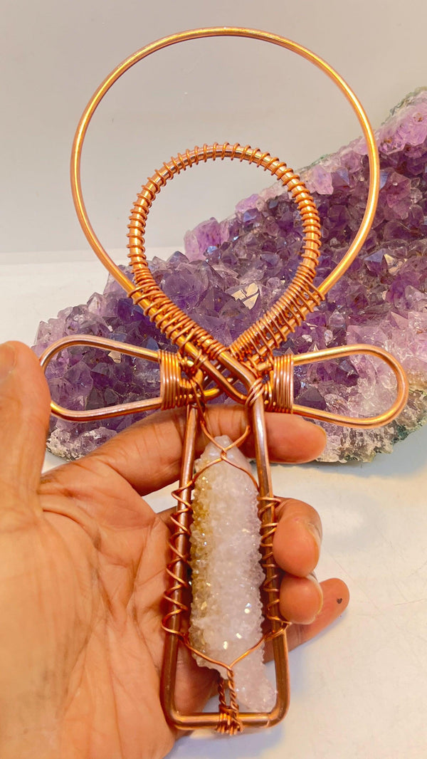 South African Amethyst Ametrine Spirit Quartz Copper Handheld Ankh - Infinite Treasures, LLC