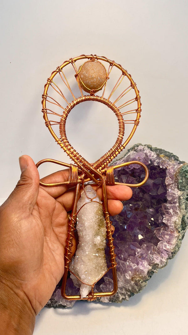 South African Amethyst Spirit Quartz and Chalcedony Handheld Ankh - Infinite Treasures, LLC